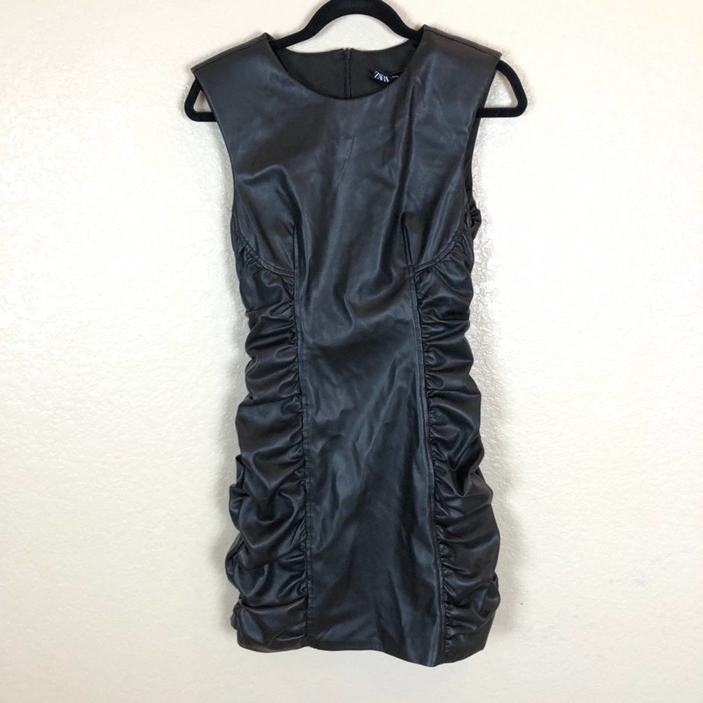 NWOT Zara Blogger Faux Leather Ruched Mini Dress. - Picture 2 of 10
